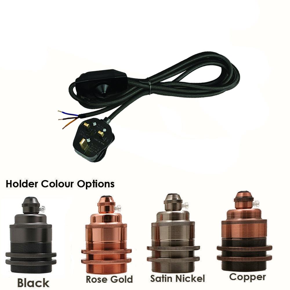 2m, 4m, and 4.5m Fabric Flex Cable Plug In Pendant Lamp Kit with E27 lamp holder and inline dimmer switch in various colors.