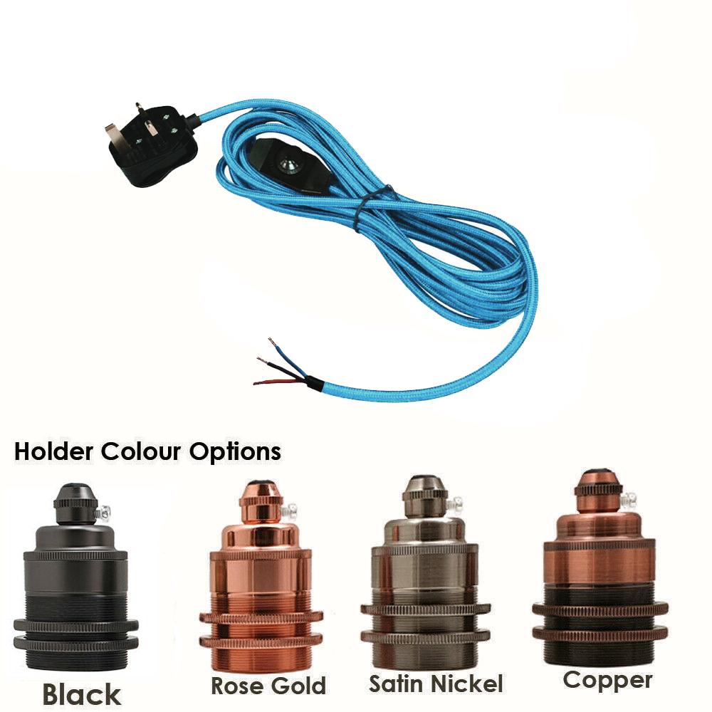 2m, 4m, and 4.5m Fabric Flex Cable Plug In Pendant Lamp Kit with E27 lamp holder and inline dimmer switch in various colors.