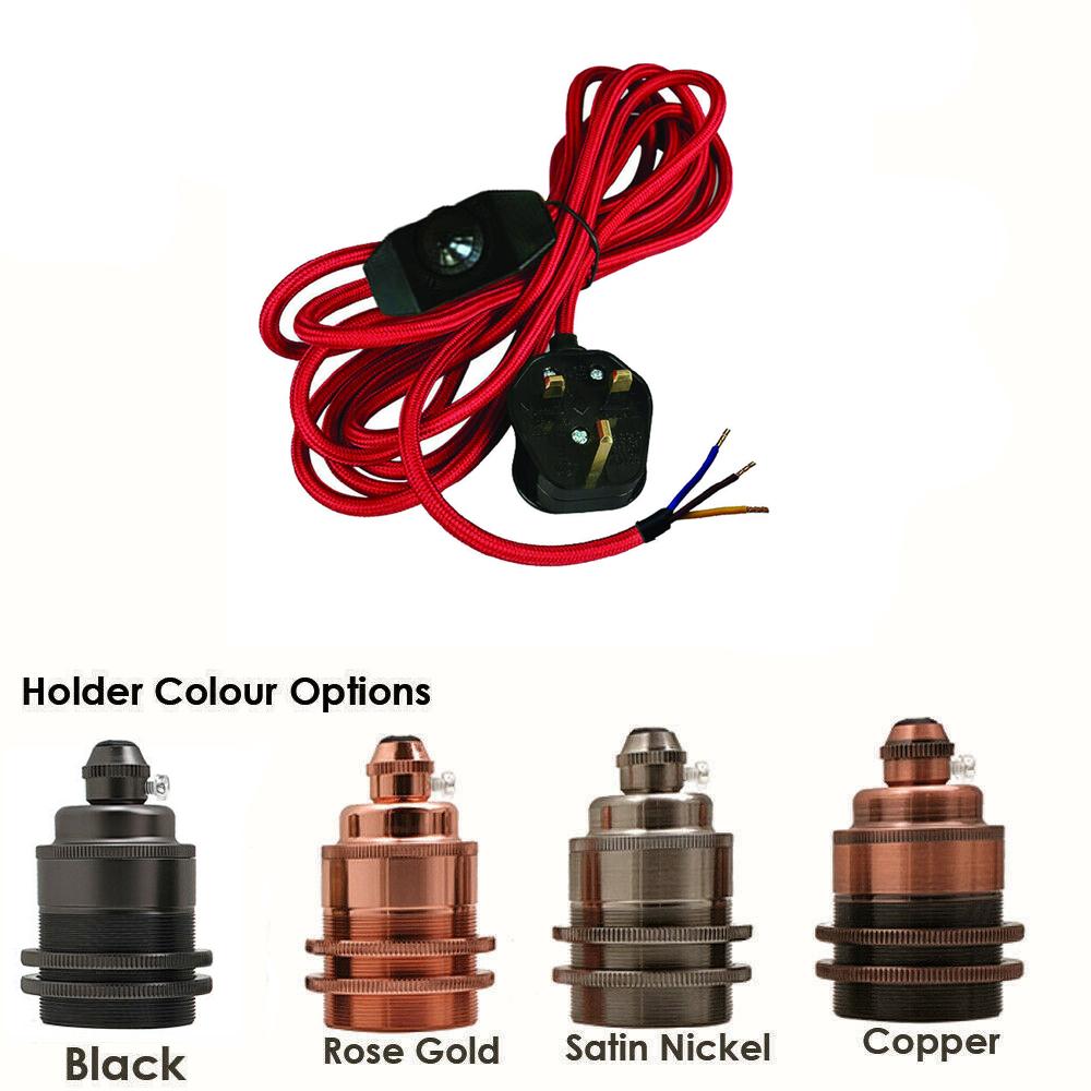 2m, 4m, and 4.5m Fabric Flex Cable Plug In Pendant Lamp Kit with E27 lamp holder and inline dimmer switch in various colors.