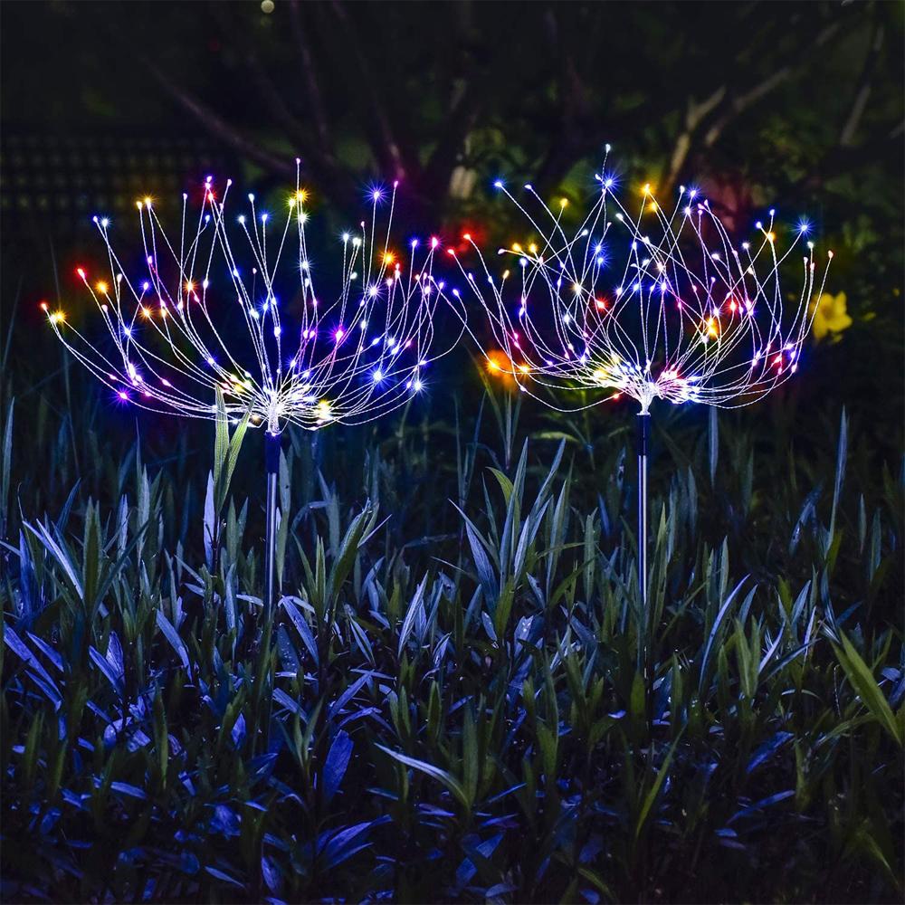 Two solar fireworks lamps with 90 LED lights, showcasing vibrant colors for outdoor decoration.