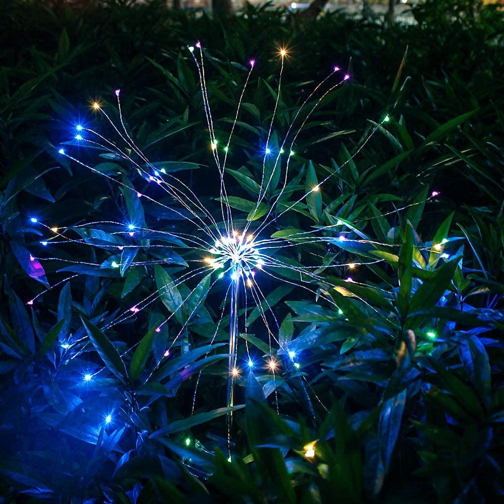 Two solar fireworks lamps with 90 LED lights, showcasing vibrant colors for outdoor decoration.