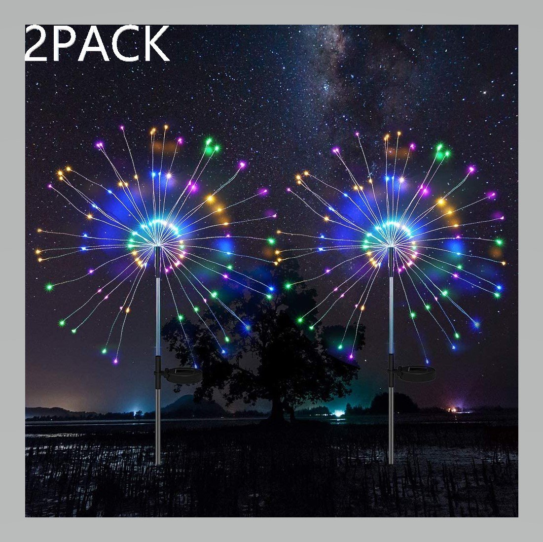 Two solar fireworks lamps with 90 LED lights, showcasing vibrant colors for outdoor decoration.