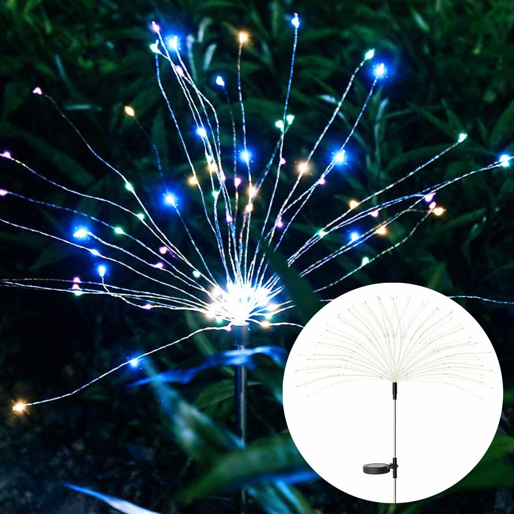 Two solar fireworks lamps with 90 LED lights, showcasing vibrant colors for outdoor decoration.