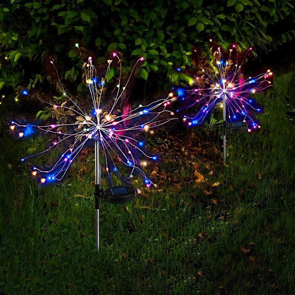 Two solar fireworks lamps with 90 LED lights, showcasing vibrant colors for outdoor decoration.