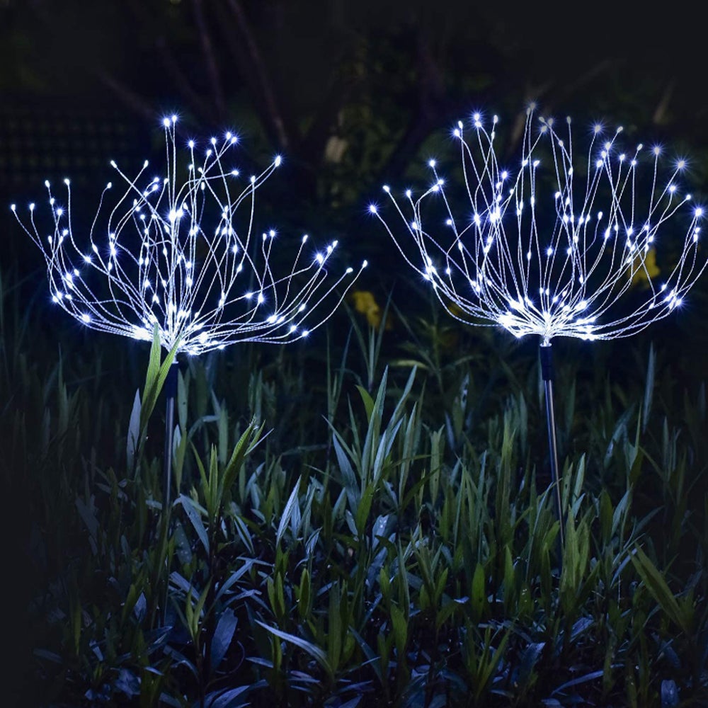 Two solar fireworks lamps with 90 LED lights, showcasing vibrant colors for outdoor decoration.