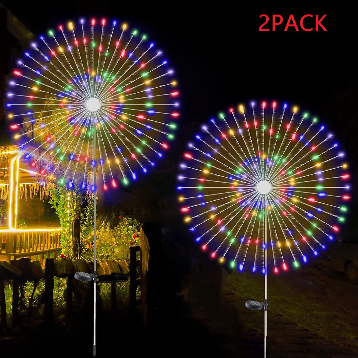 Two solar fireworks lamps with 90 LED lights, showcasing vibrant colors for outdoor decoration.