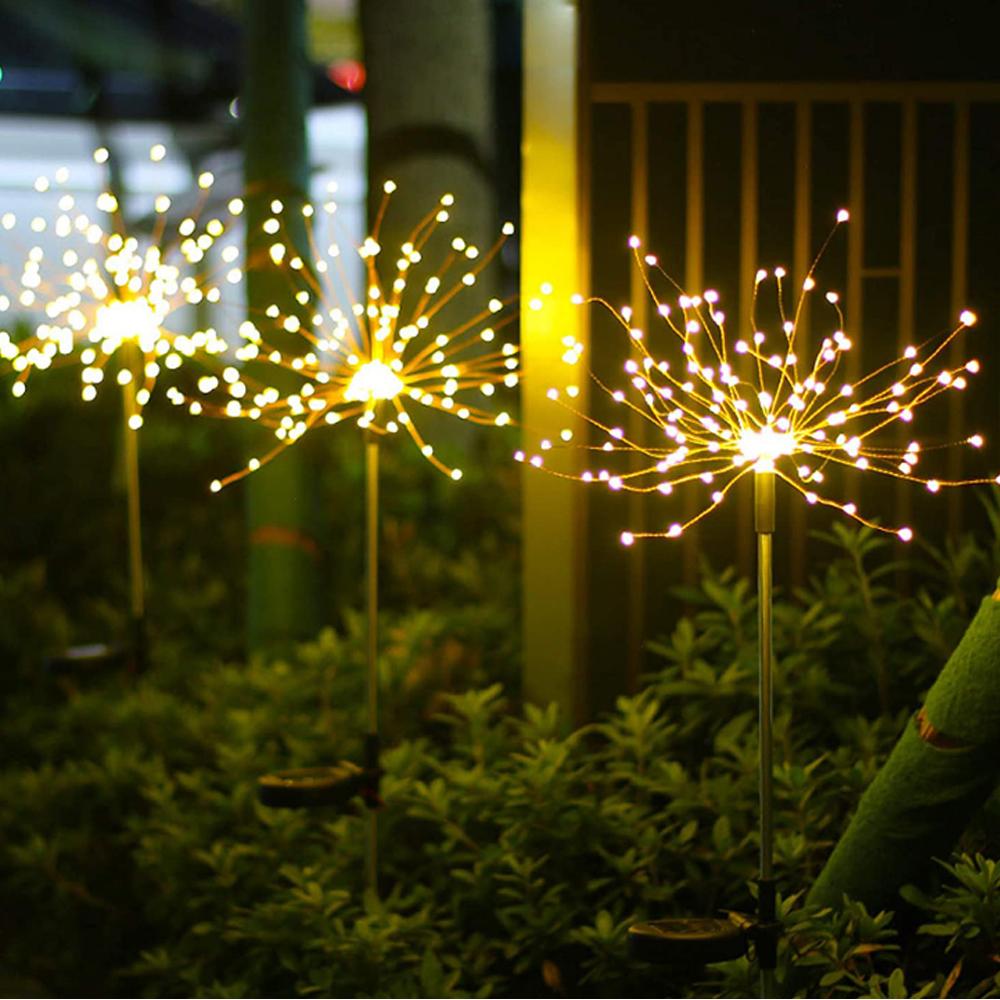 Two solar fireworks lamps with 90 LED lights, showcasing vibrant colors for outdoor decoration.
