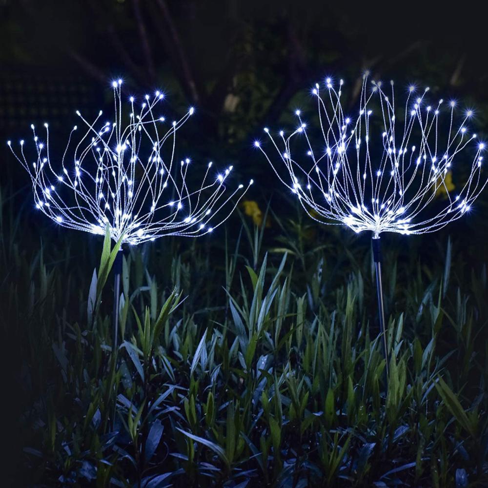 Two solar fireworks lamps with 90 LED lights, showcasing vibrant colors for outdoor decoration.