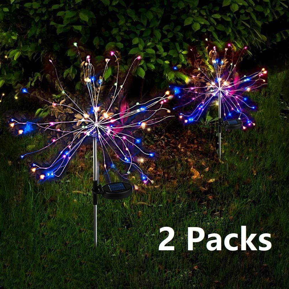Two solar fireworks lamps with 90 LED lights, showcasing vibrant colors for outdoor decoration.