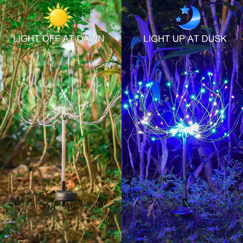 Two solar fireworks lamps with 90 LED lights, showcasing vibrant colors for outdoor decoration.