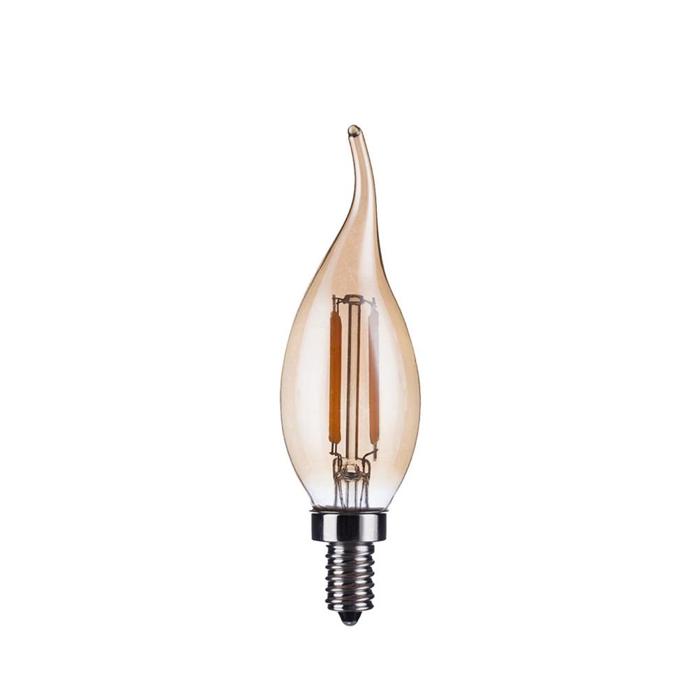LED E14 Candle Bulb with vintage filament design, showcasing its elegant glass structure and warm light emission.