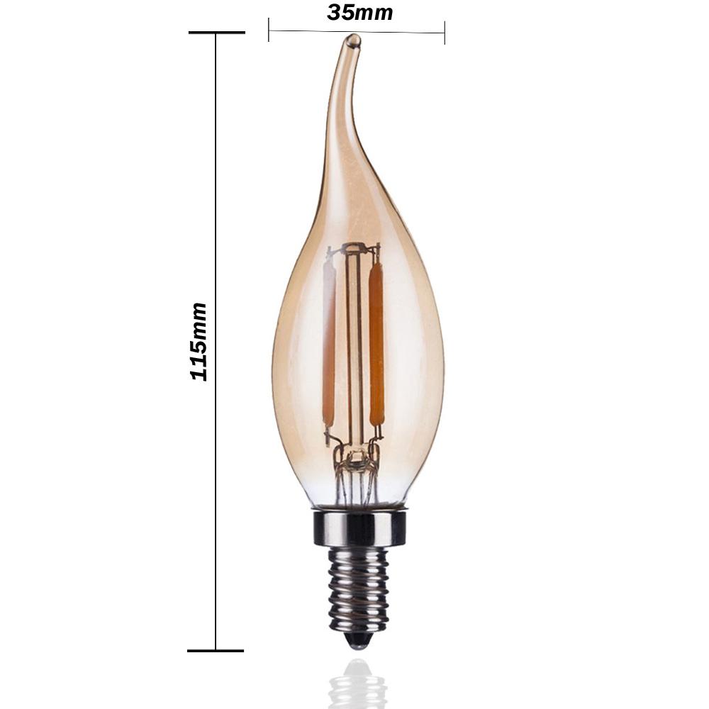 LED E14 Candle Bulb with vintage filament design, showcasing its elegant glass structure and warm light emission.