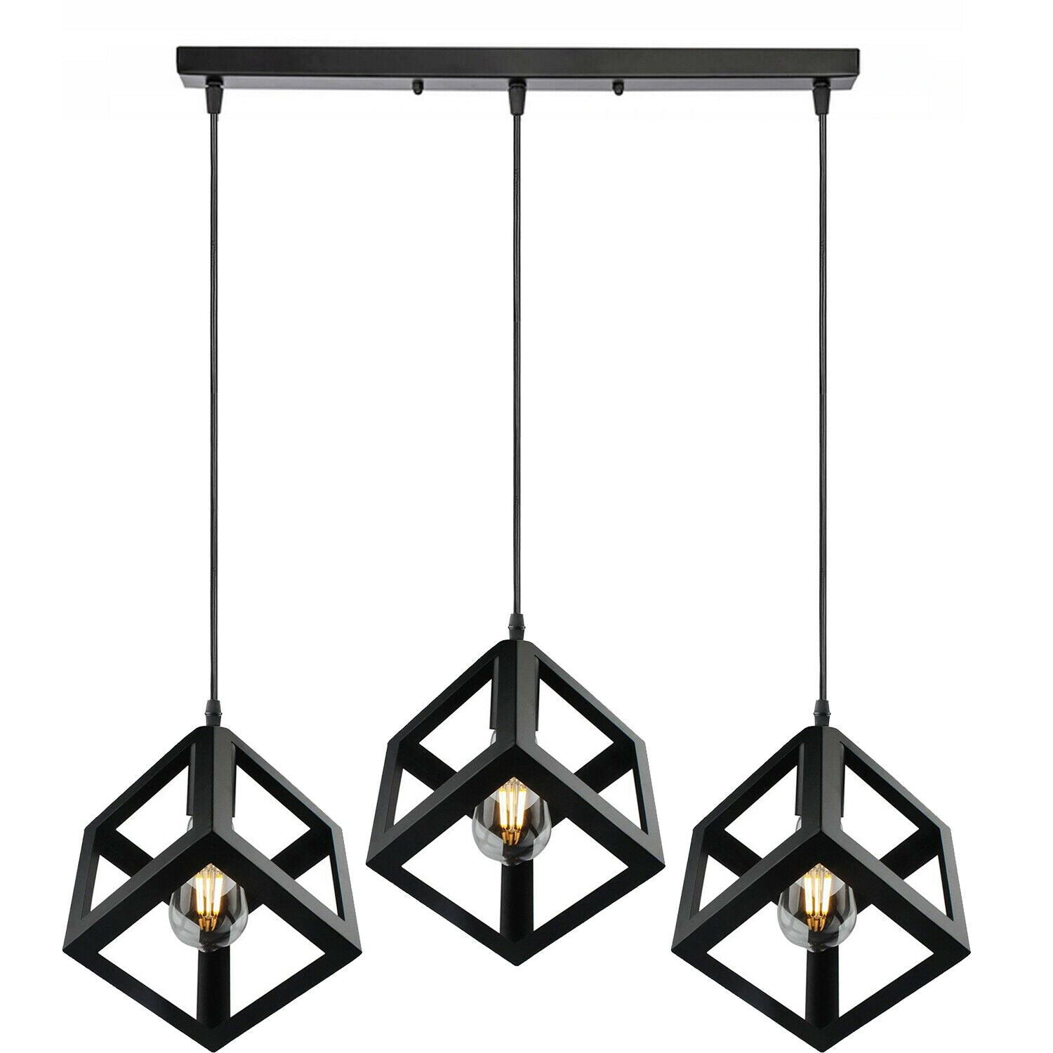 3 Cluster Pendant Light in Black Square Shape featuring three light holders and adjustable cables, ideal for various indoor spaces.