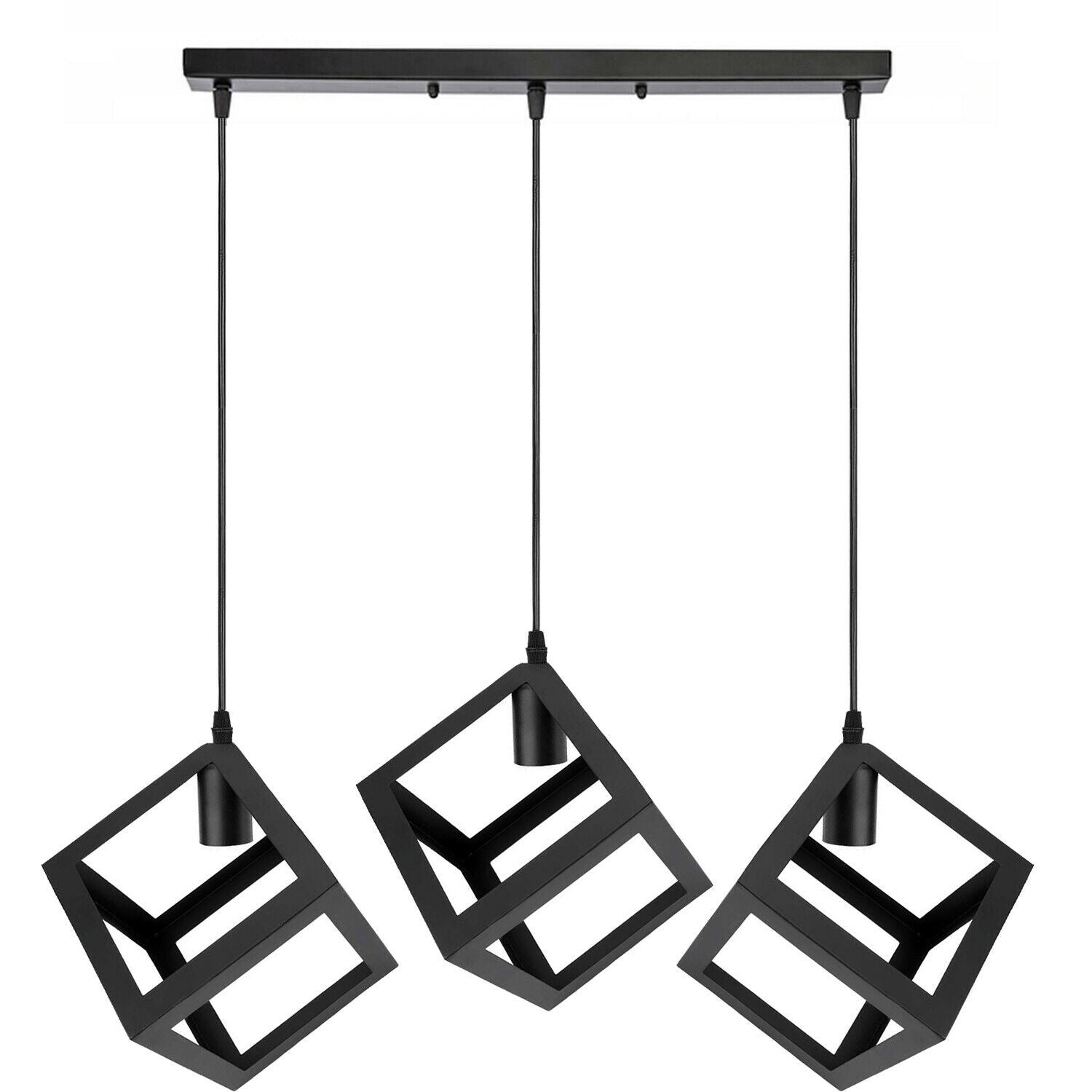 3 Cluster Pendant Light in Black Square Shape featuring three light holders and adjustable cables, ideal for various indoor spaces.