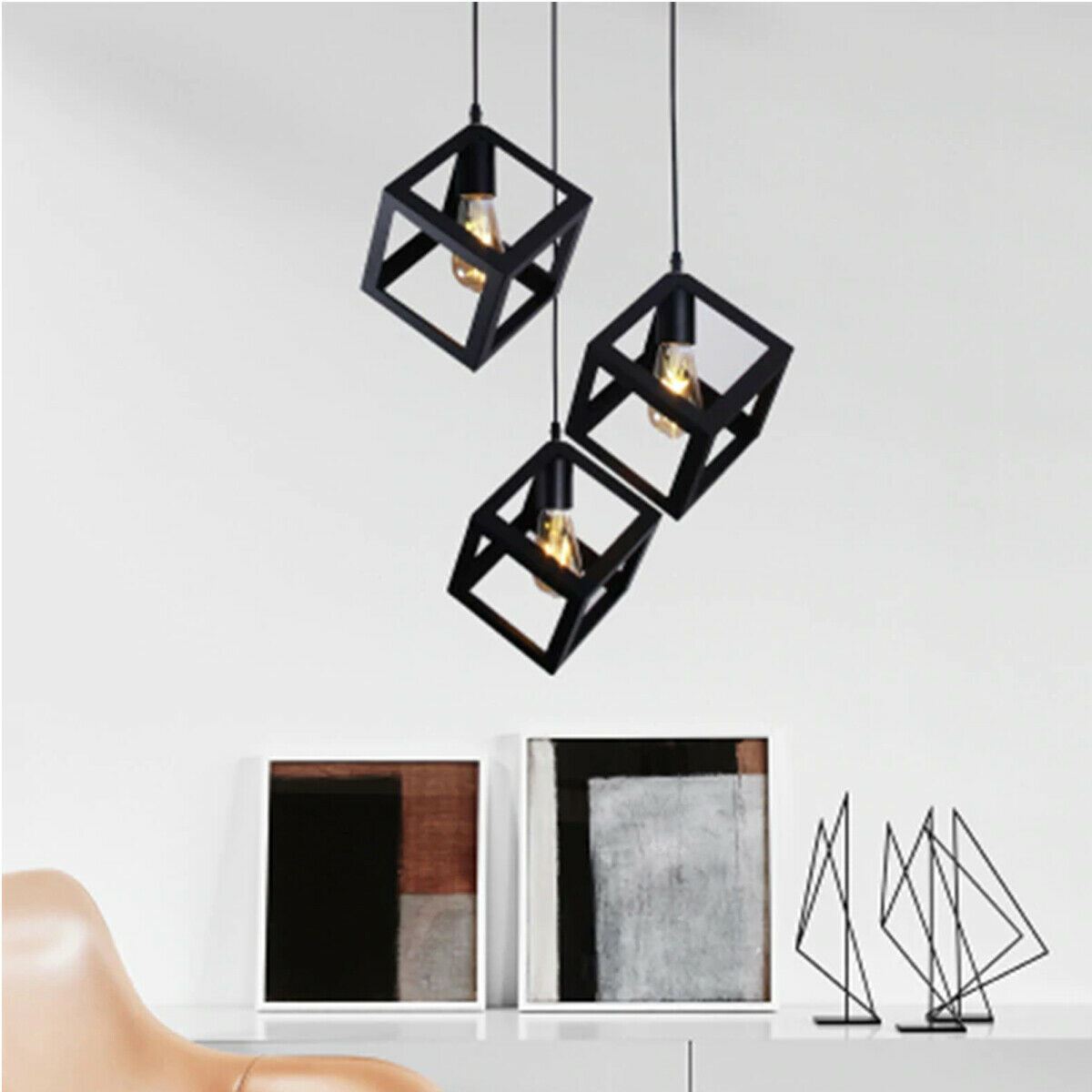 3 Cluster Pendant Light in Black Square Shape featuring three light holders and adjustable cables, ideal for various indoor spaces.
