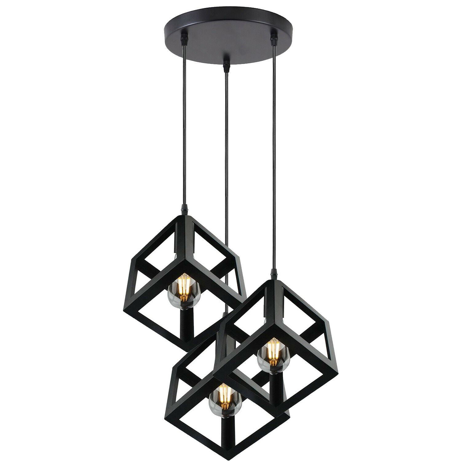 3 Cluster Pendant Light in Black Square Shape featuring three light holders and adjustable cables, ideal for various indoor spaces.