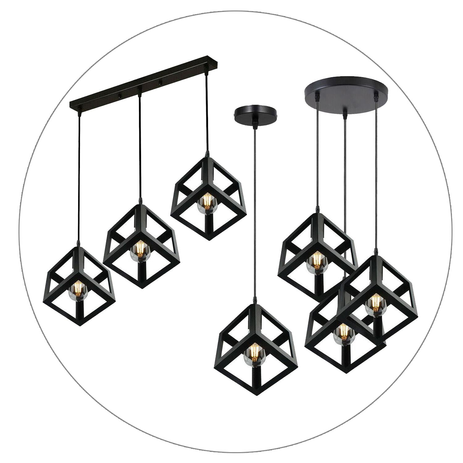 3 Cluster Pendant Light in Black Square Shape featuring three light holders and adjustable cables, ideal for various indoor spaces.