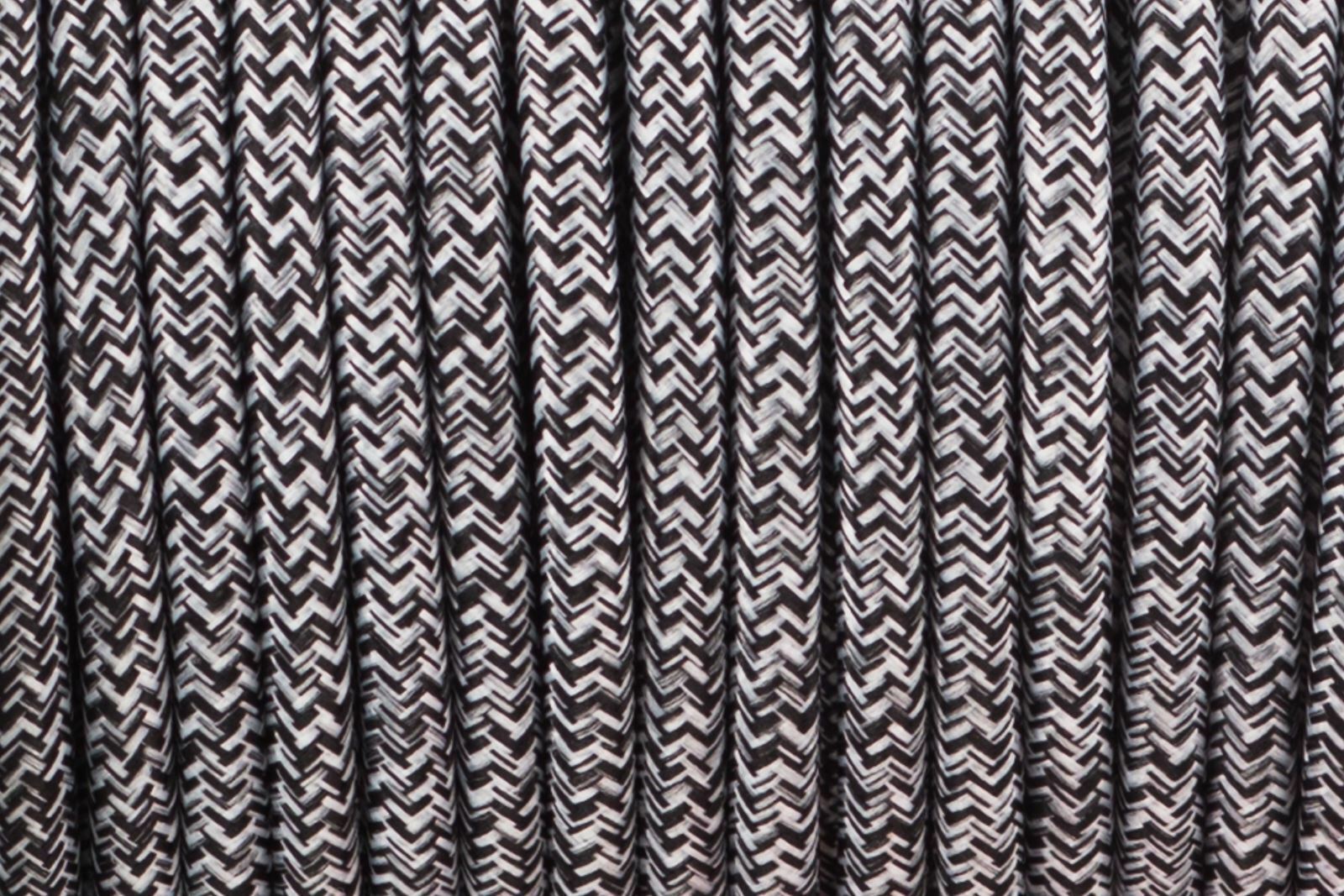 3 Core Electrical Fabric Cable in Black & White Multi Tweed, showcasing its braided design and vintage style.