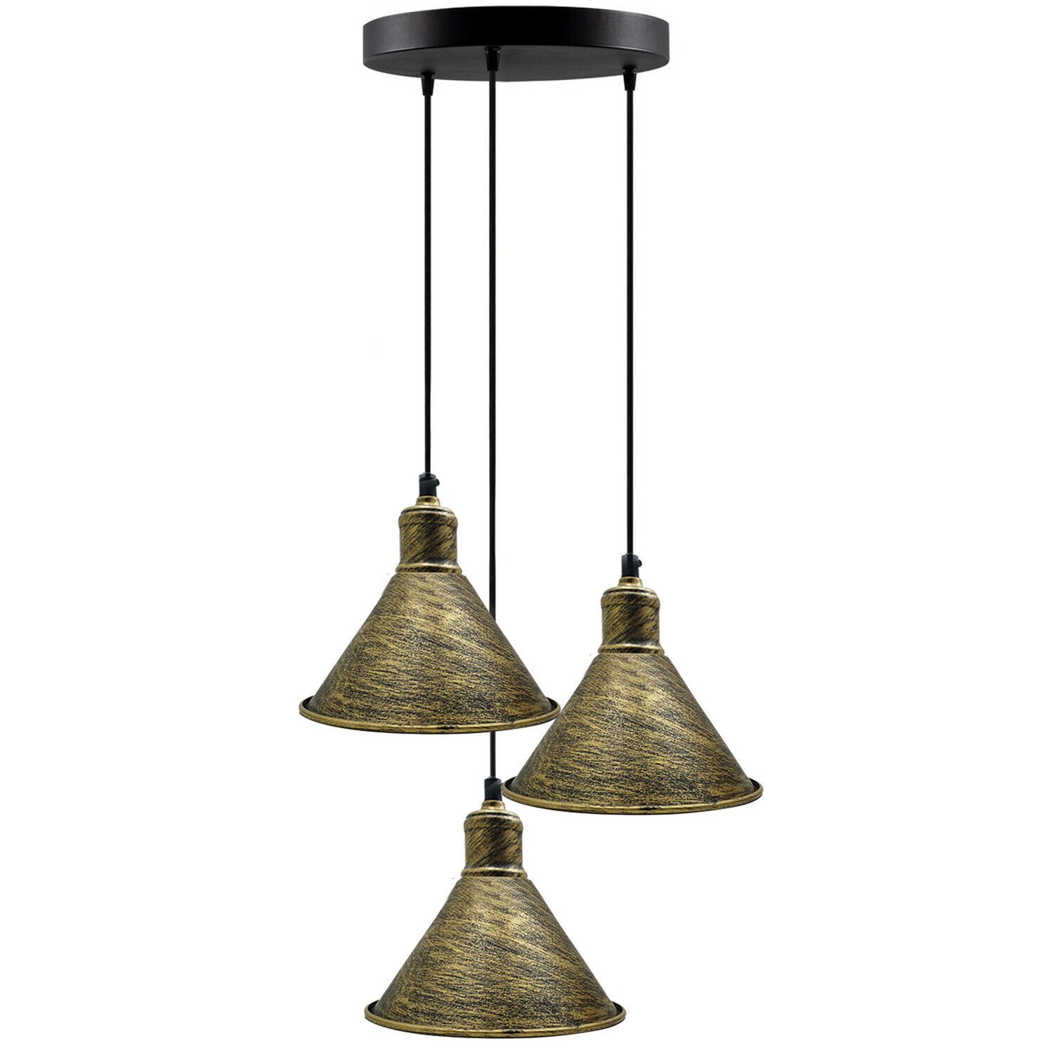 3 Head Pendant Light Chandeliers featuring an industrial metal cage design in black and brushed brass finishes, ideal for loft-style interiors.