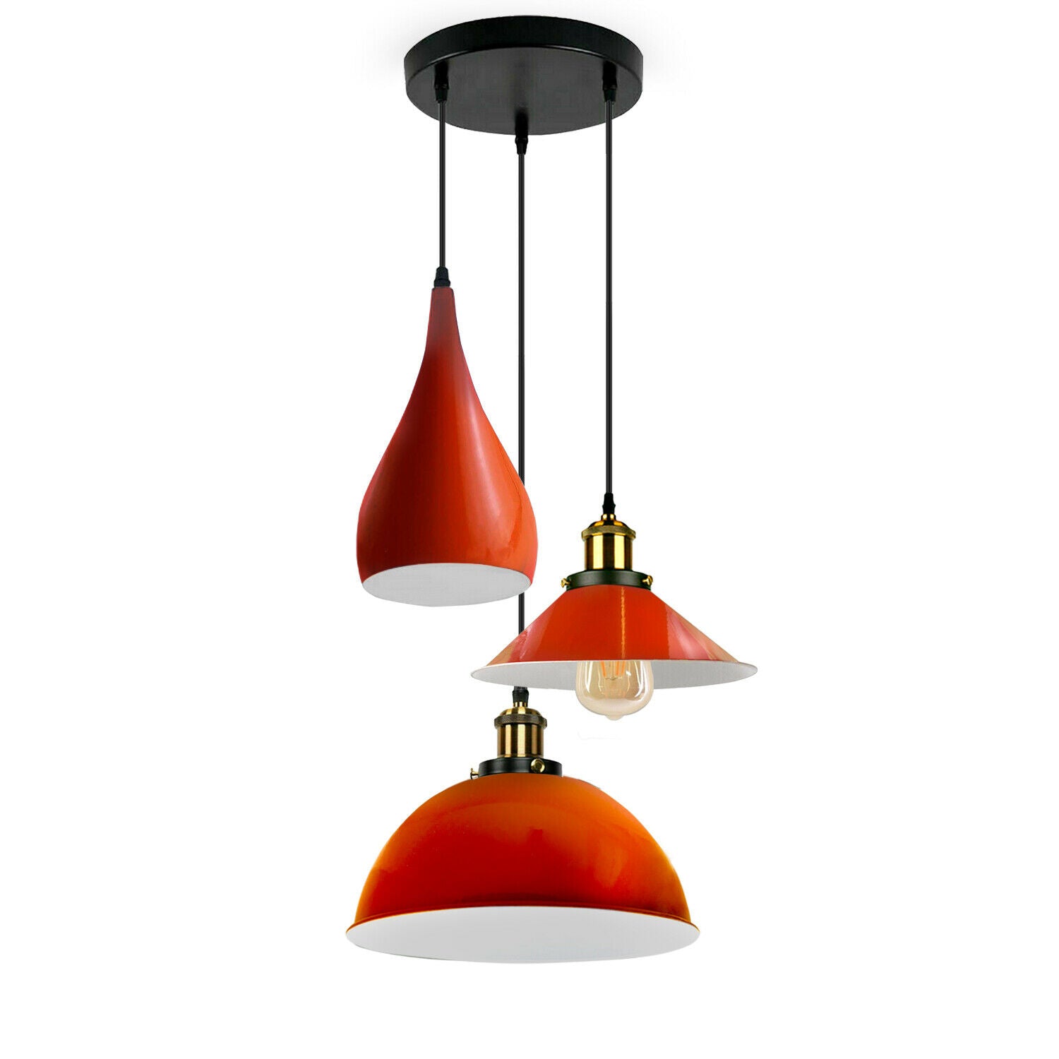 Three head pendant light fixture in orange metal, showcasing a modern design with three light holders and a round ceiling plate.