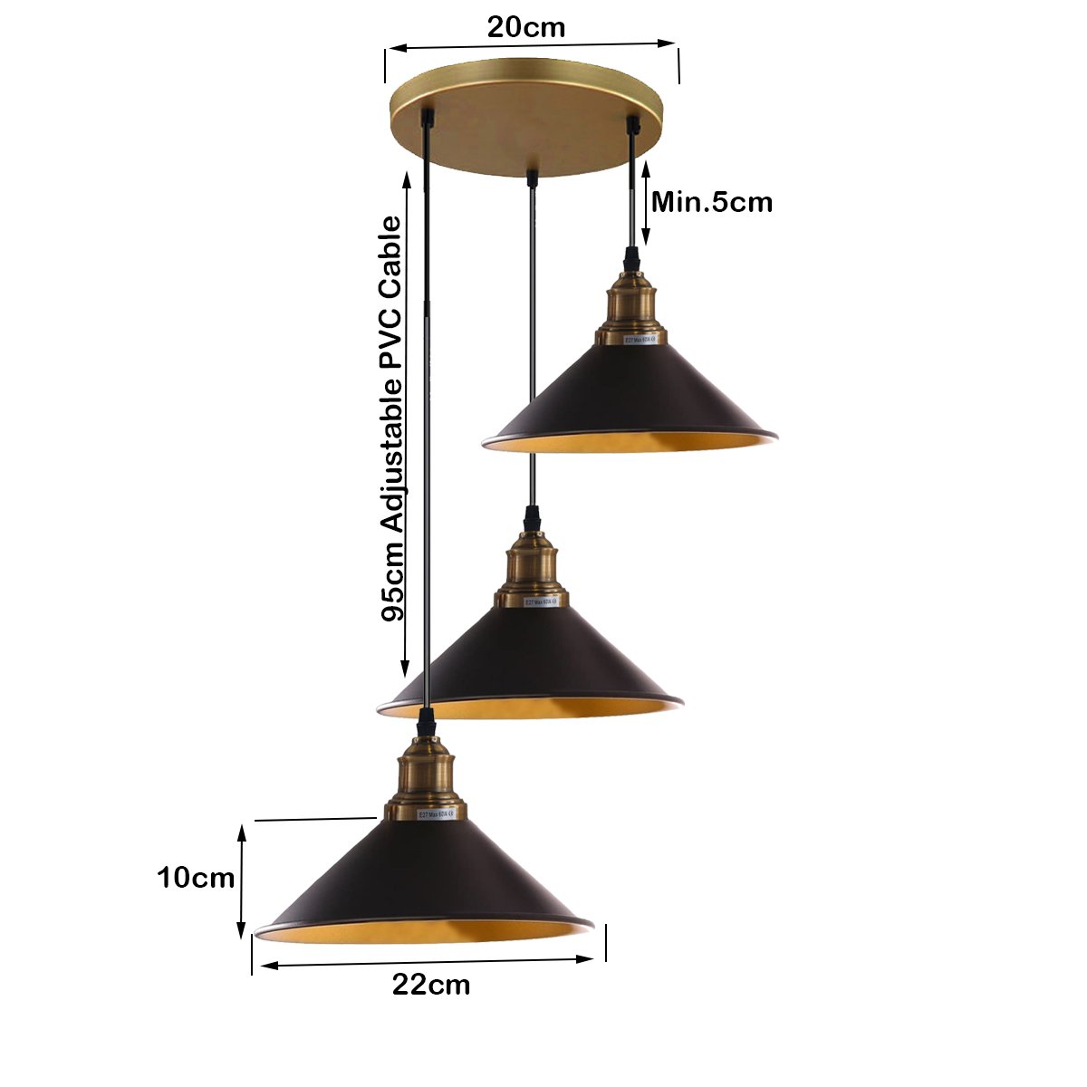 3 Lights Hanging Chandelier with adjustable cables in black, featuring retro-inspired cone shades and brass accents.