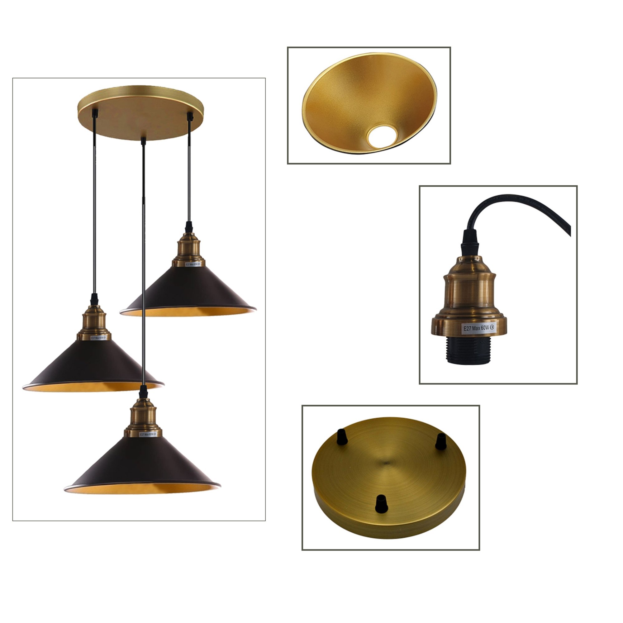 3 Lights Hanging Chandelier with adjustable cables in black, featuring retro-inspired cone shades and brass accents.