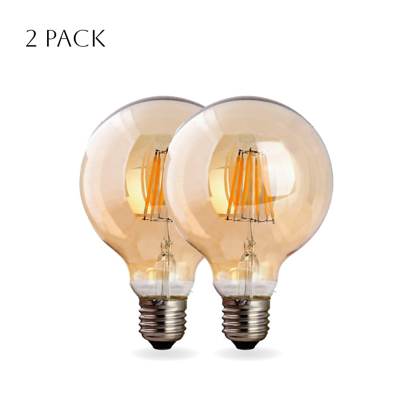 Three vintage-style G95 E27 8W LED globe light bulbs with a warm white glow, showcasing their retro design and glass material.