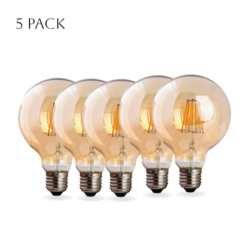 Three vintage-style G95 E27 8W LED globe light bulbs with a warm white glow, showcasing their retro design and glass material.