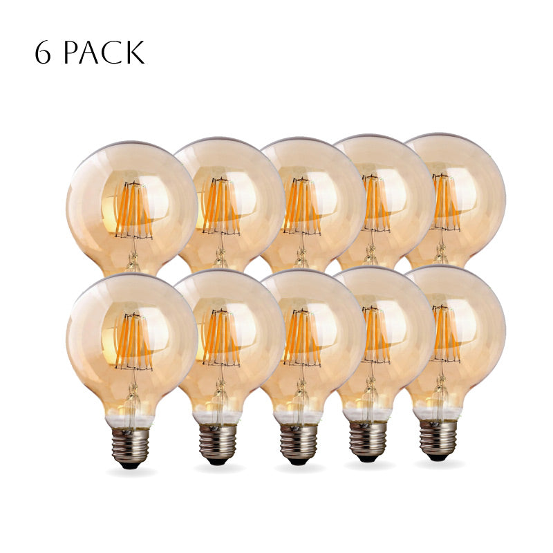Three vintage-style G95 E27 8W LED globe light bulbs with a warm white glow, showcasing their retro design and glass material.