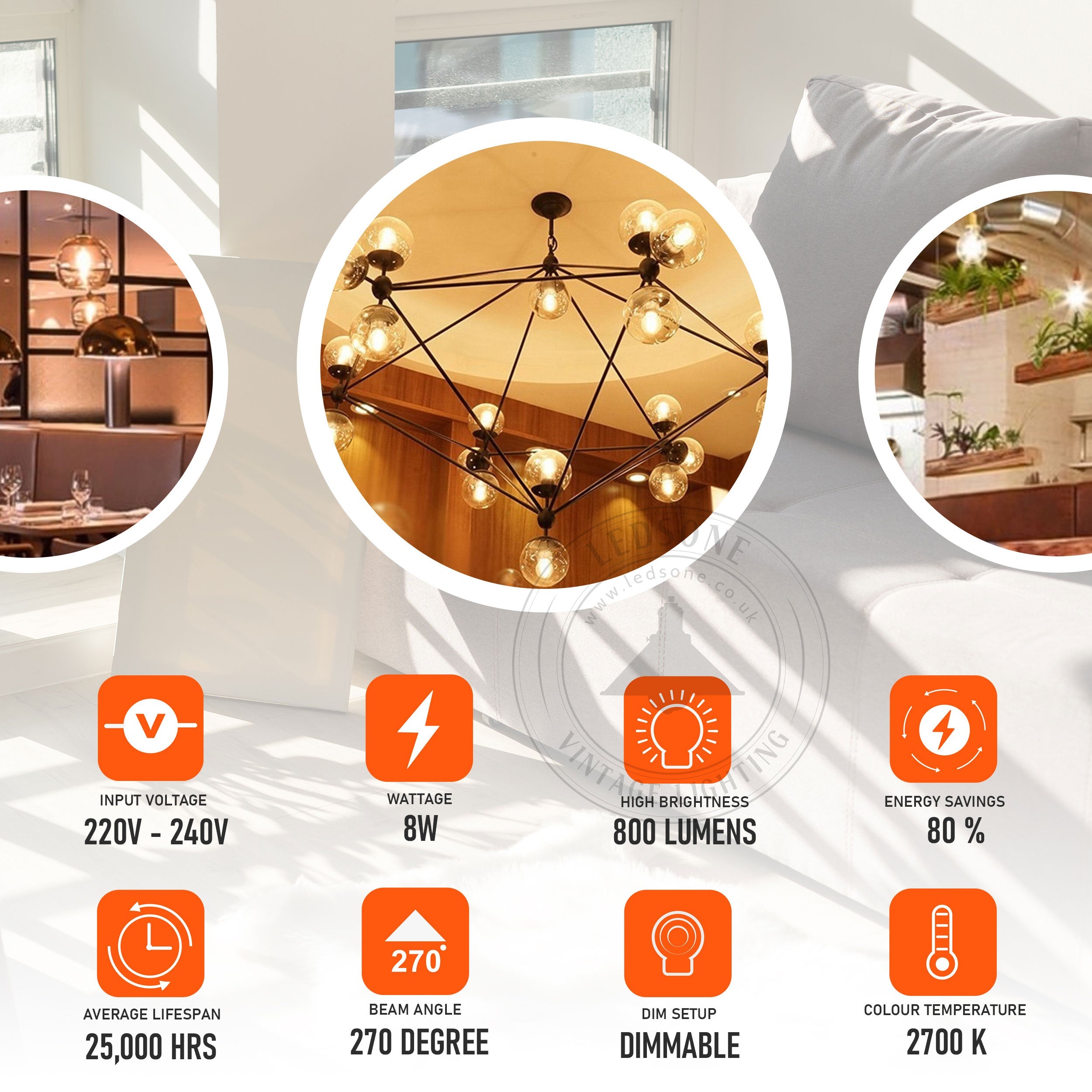 Three vintage-style G95 E27 8W LED globe light bulbs with a warm white glow, showcasing their retro design and glass material.