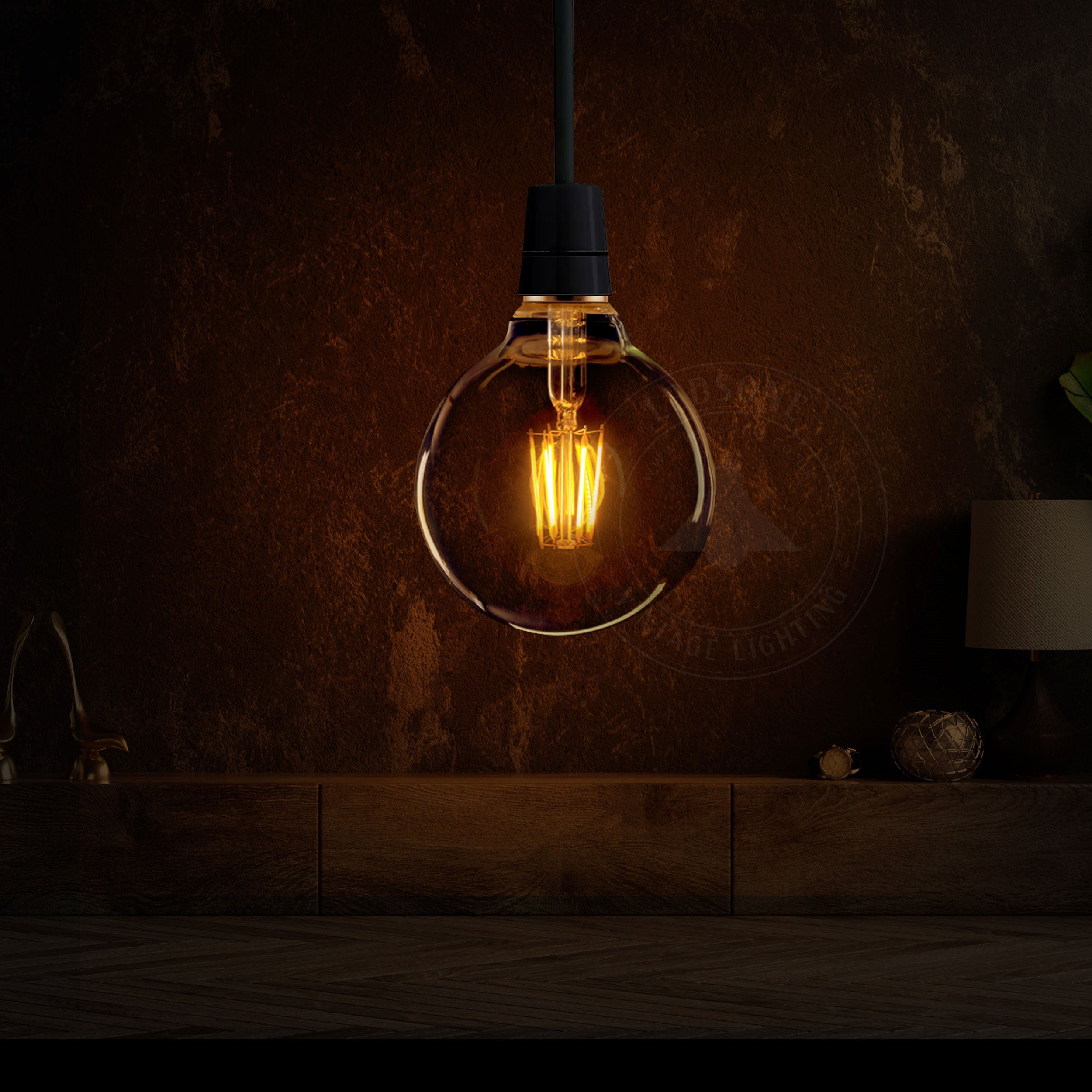 Three vintage-style G95 E27 8W LED globe light bulbs with a warm white glow, showcasing their retro design and glass material.