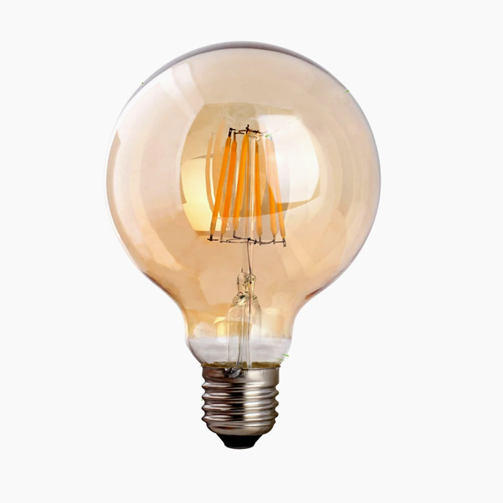Three vintage-style G95 E27 8W LED globe light bulbs with a warm white glow, showcasing their retro design and glass material.