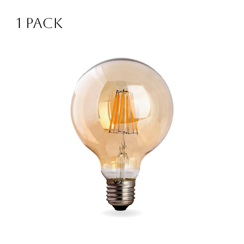 Three vintage-style G95 E27 8W LED globe light bulbs with a warm white glow, showcasing their retro design and glass material.