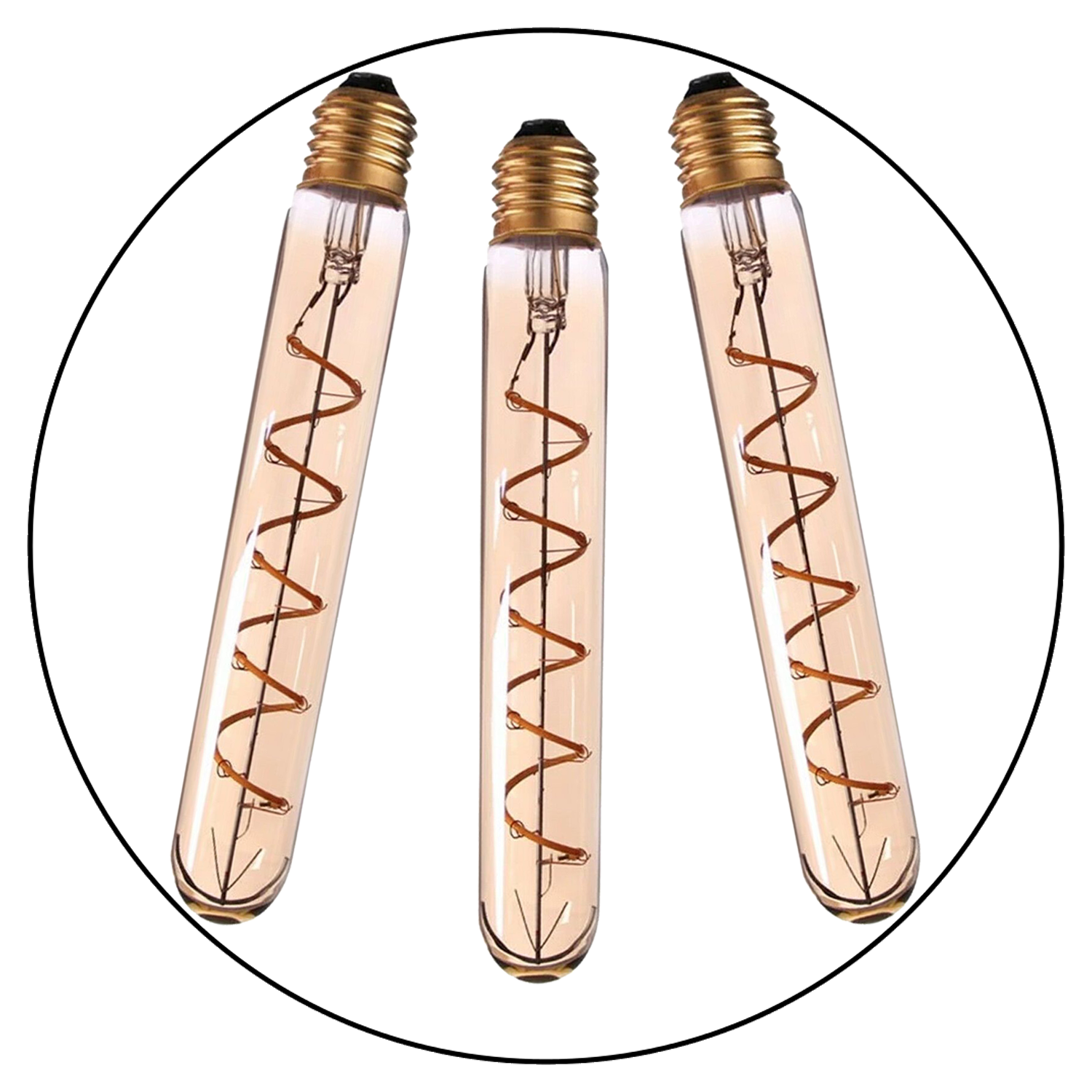 Three LED E27 T185 4W Filament Glass Retro Warm White bulbs showcasing their elegant design and warm glow.