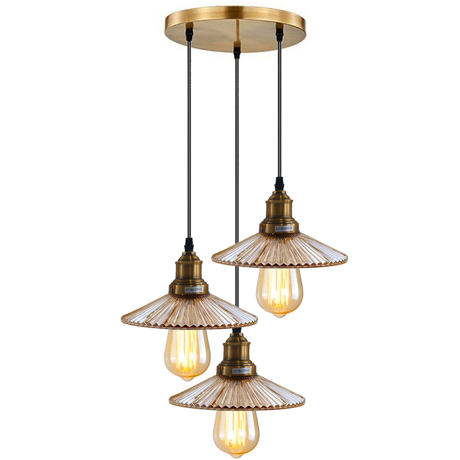 3 Way Ceiling Pendant Light Cluster with glass lampshades and E27 holders, showcasing elegant design and warm lighting.