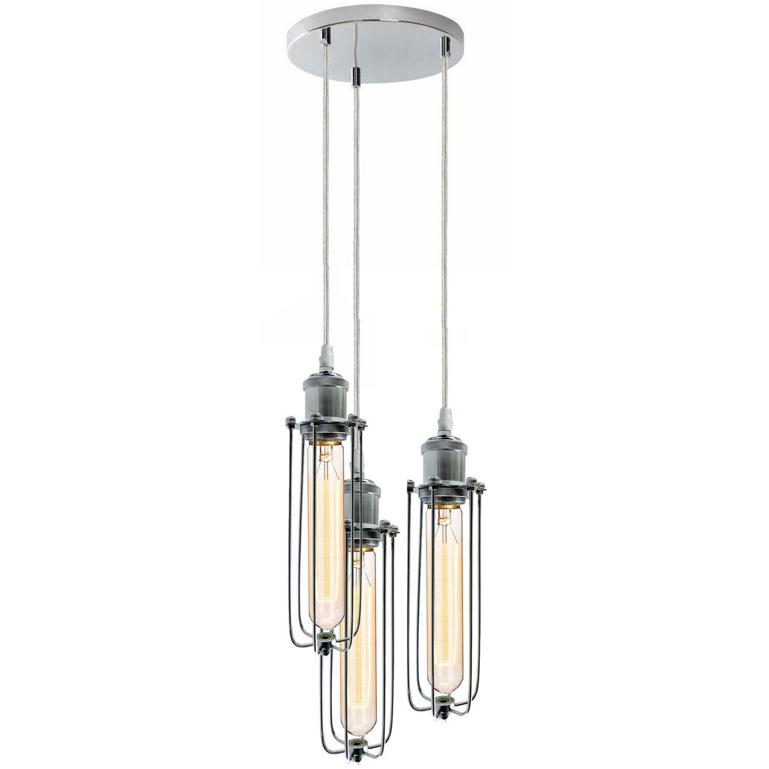 3 Way Cluster Hanging Ceiling Pendant Light in chrome finish with three light holders and metal shades, ideal for modern home decor.
