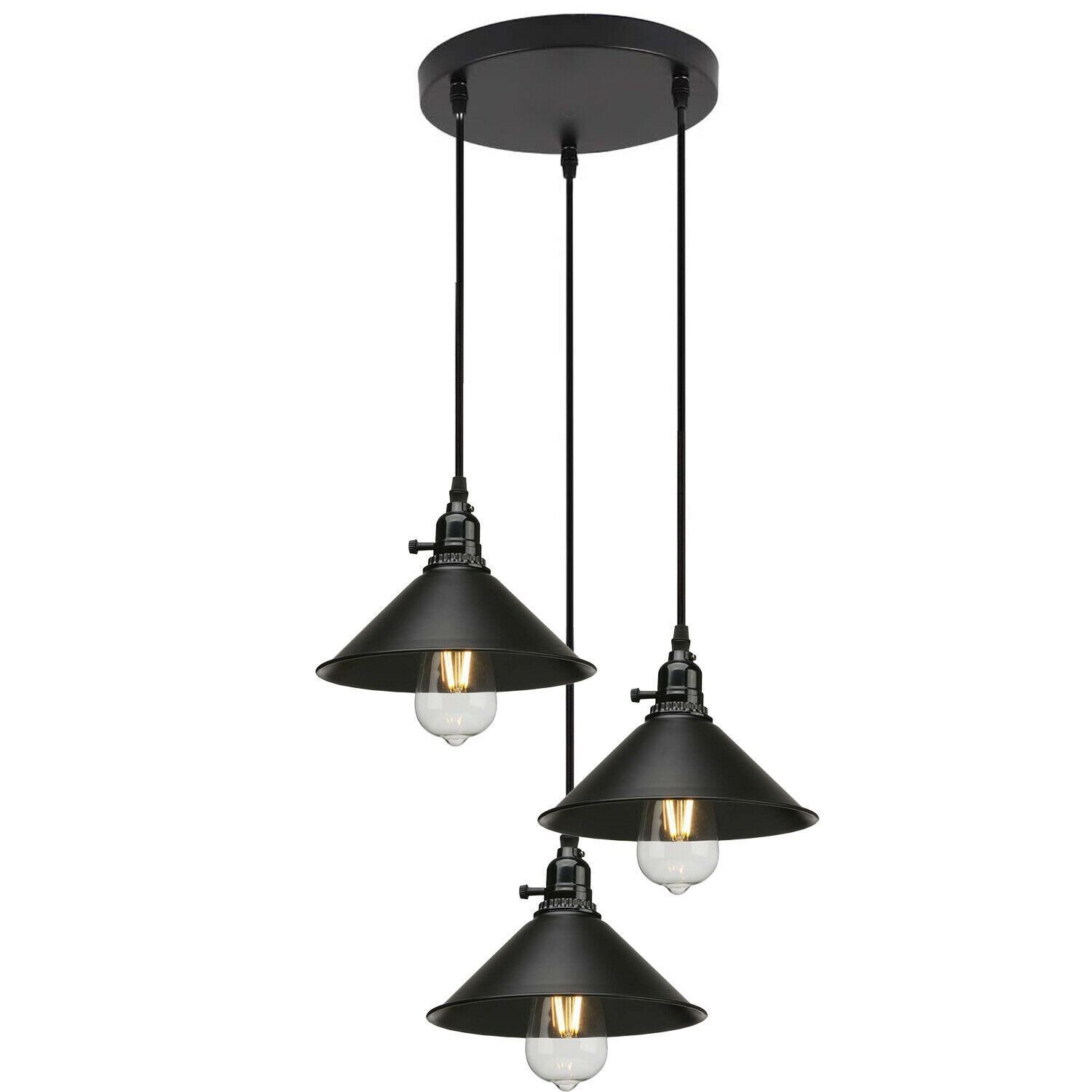 3 Way Vintage Industrial Cluster Pendant Light featuring a black metal design with three light holders, perfect for retro loft interiors.