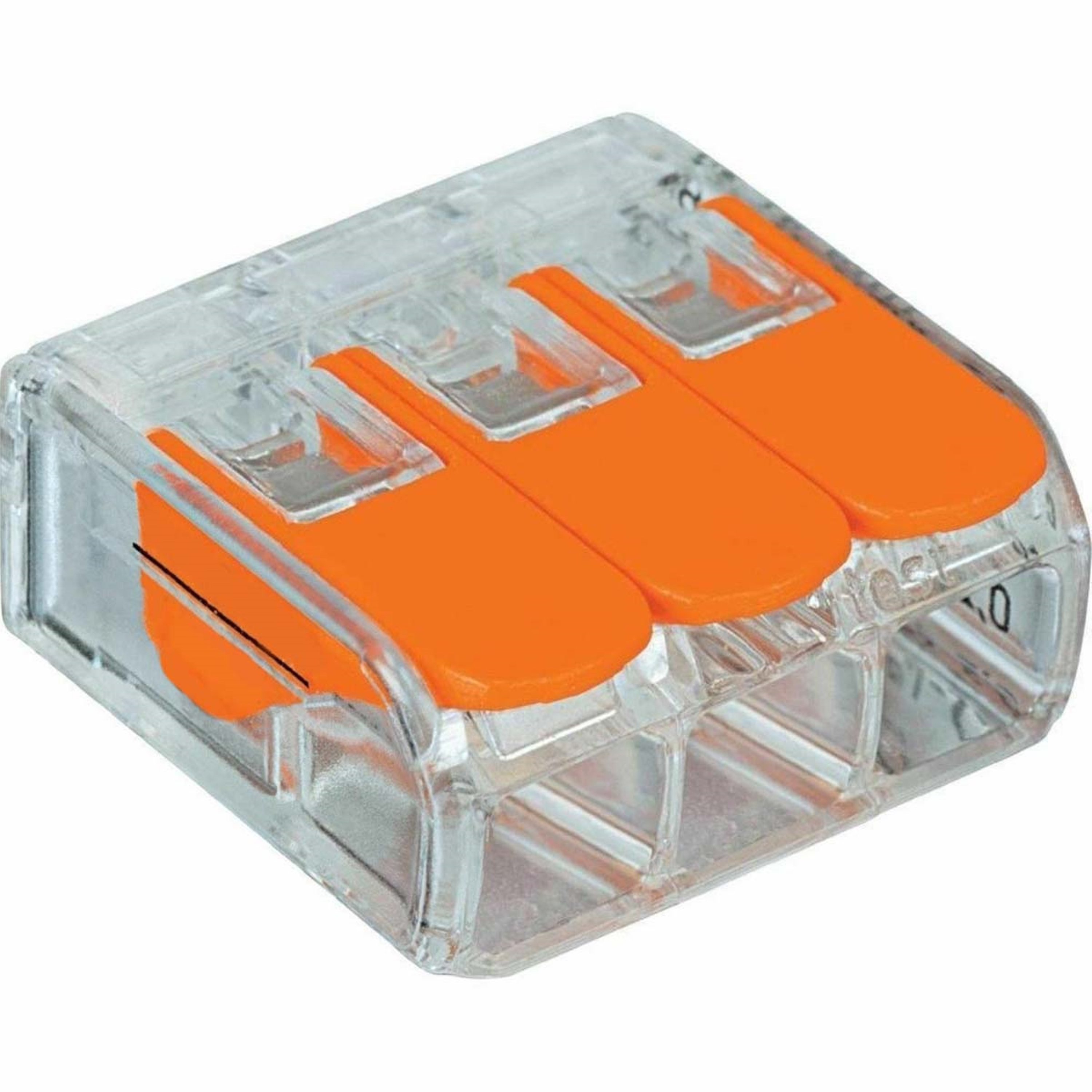 32A Spring Lever Push Fit Reusable 3 Way Wire Connectors in clear and orange color, showcasing compact design and lever mechanism.