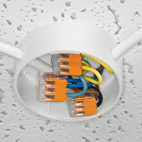 32A Spring Lever Push Fit Reusable 3 Way Wire Connectors in clear and orange color, showcasing compact design and lever mechanism.