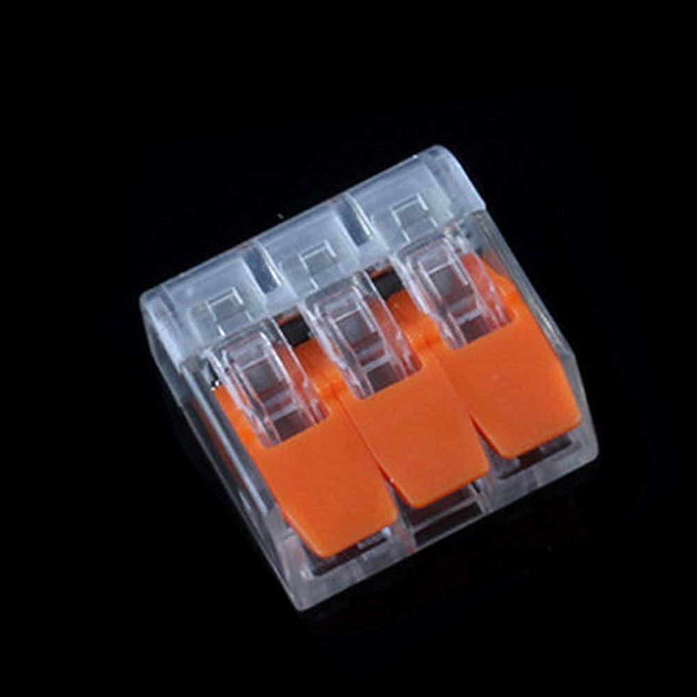 32A Spring Lever Push Fit Reusable 3 Way Wire Connectors in clear and orange color, showcasing compact design and lever mechanism.