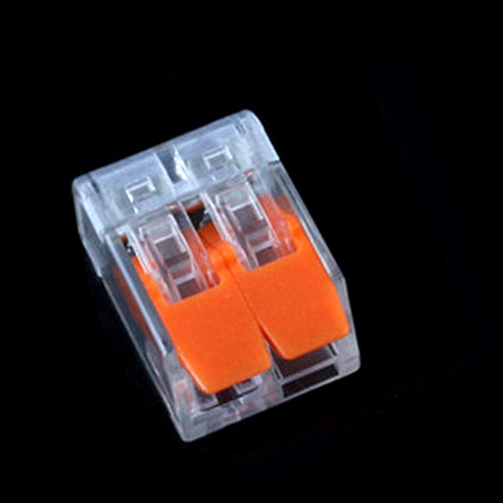 32A Spring Lever Push Fit Wire Connectors in clear and orange color, showcasing compact design and lever mechanism.