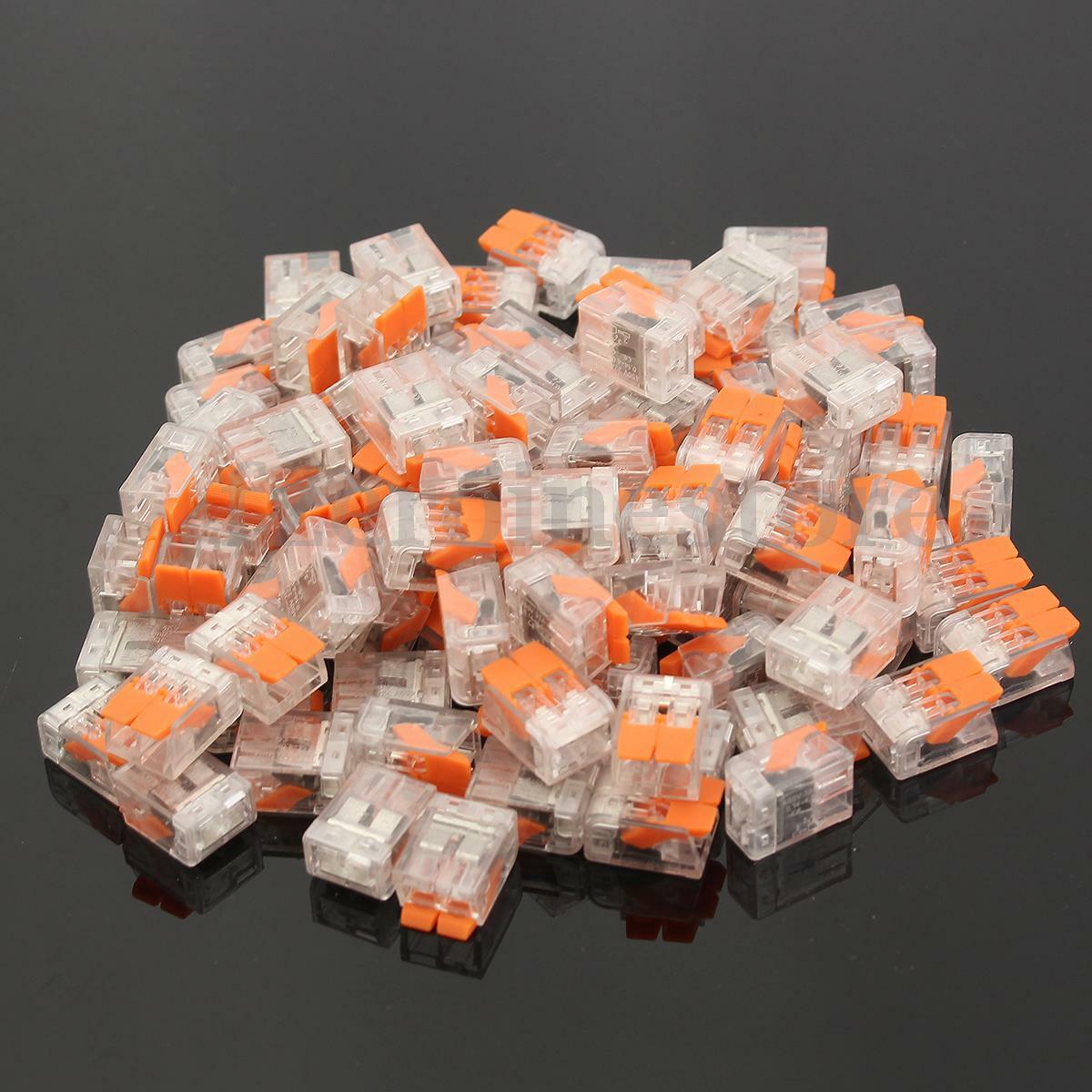 32A Spring Lever Push Fit Wire Connectors in clear and orange color, showcasing compact design and lever mechanism.