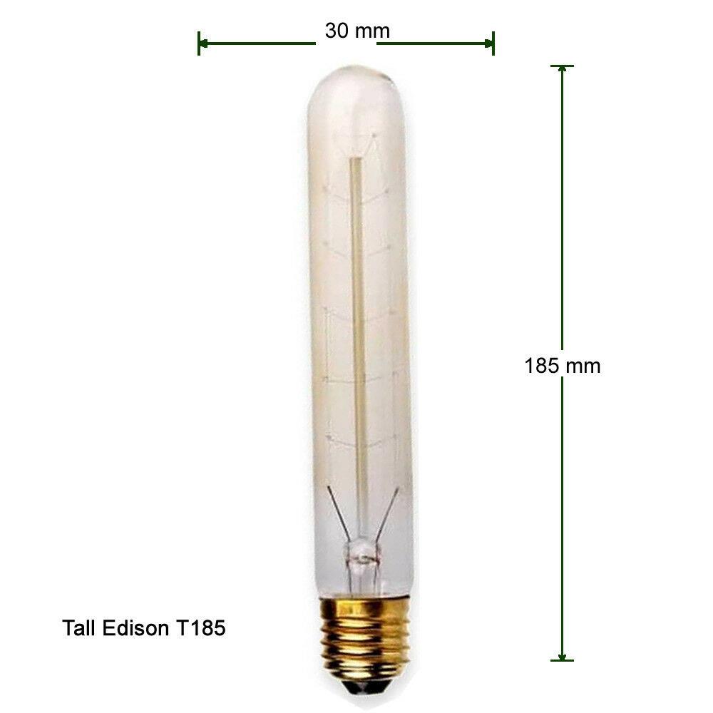 A pack of E27 Vintage Bulb Dimmable Light Bulbs, showcasing their tall Edison T185 design with a warm white glow.