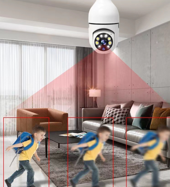 360 Degree Panoramic Intelligent HD Light Bulb Lamp Head showcasing its sleek design and advanced features for indoor monitoring.