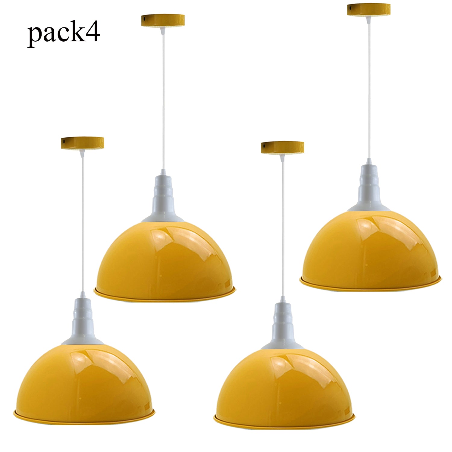 Four modern vintage industrial metal ceiling lamp shades in yellow, showcasing a retro design suitable for loft and contemporary spaces.