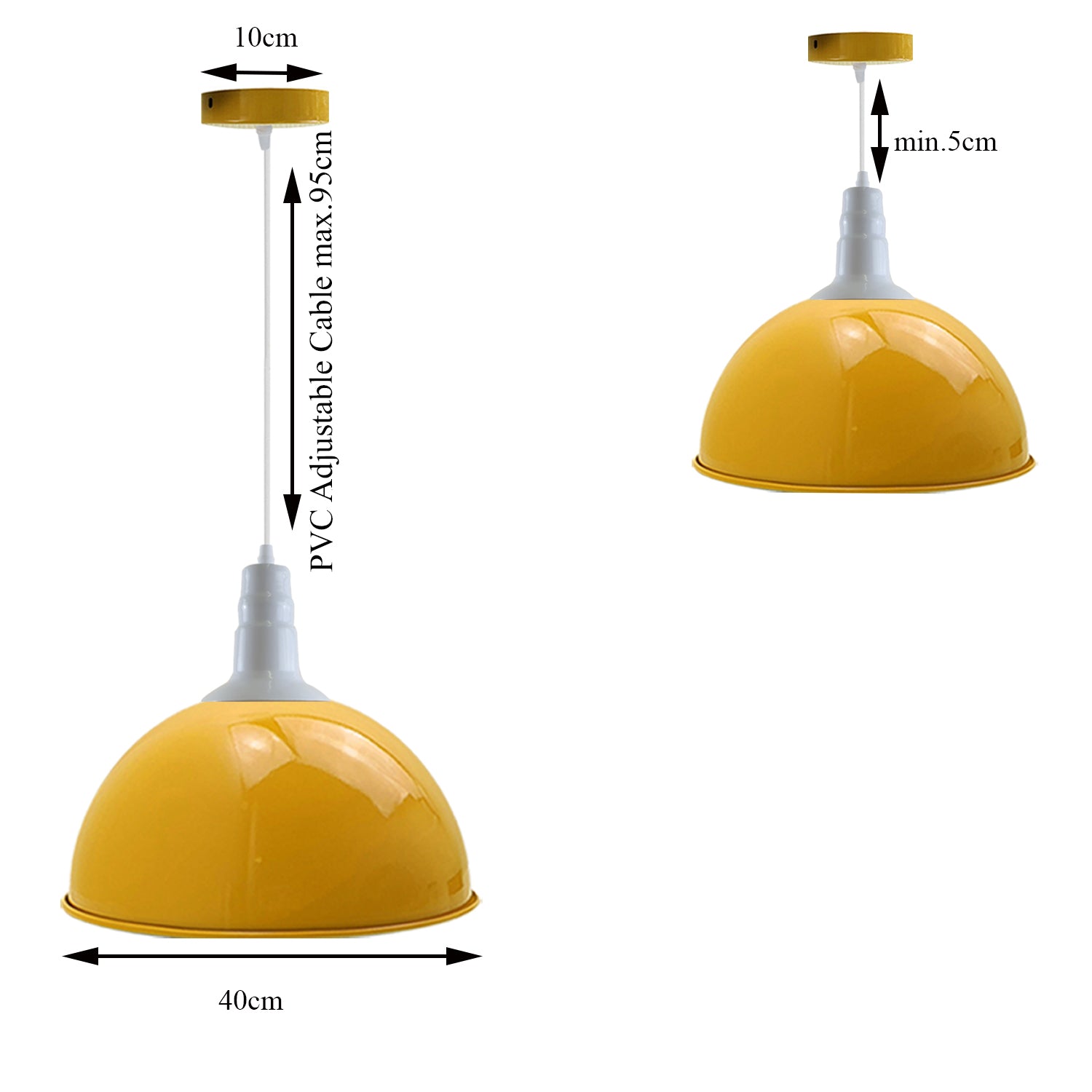 Four modern vintage industrial metal ceiling lamp shades in yellow, showcasing a retro design suitable for loft and contemporary spaces.