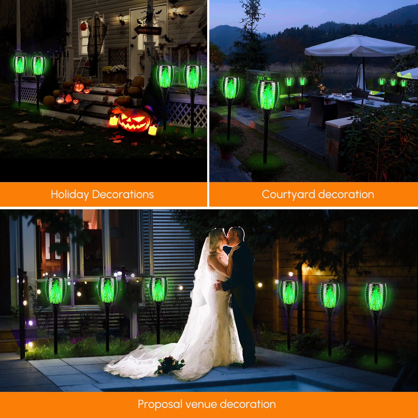 Four solar lights with flickering flame effect, designed for outdoor use, showcasing a romantic ambiance in a garden setting.