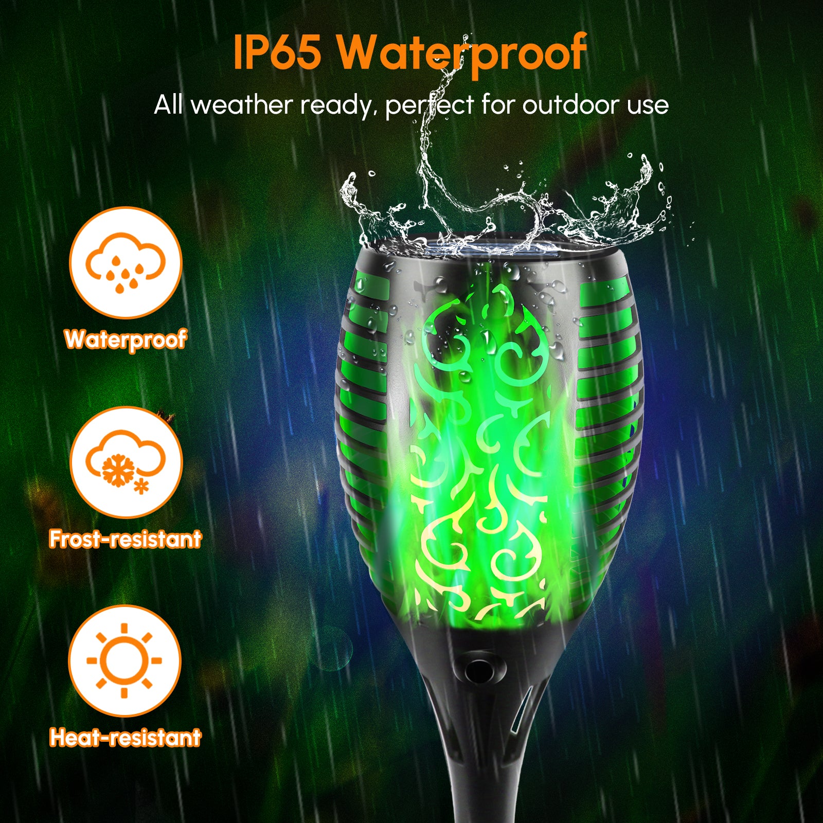 Four solar lights with flickering flame effect, designed for outdoor use, showcasing a romantic ambiance in a garden setting.