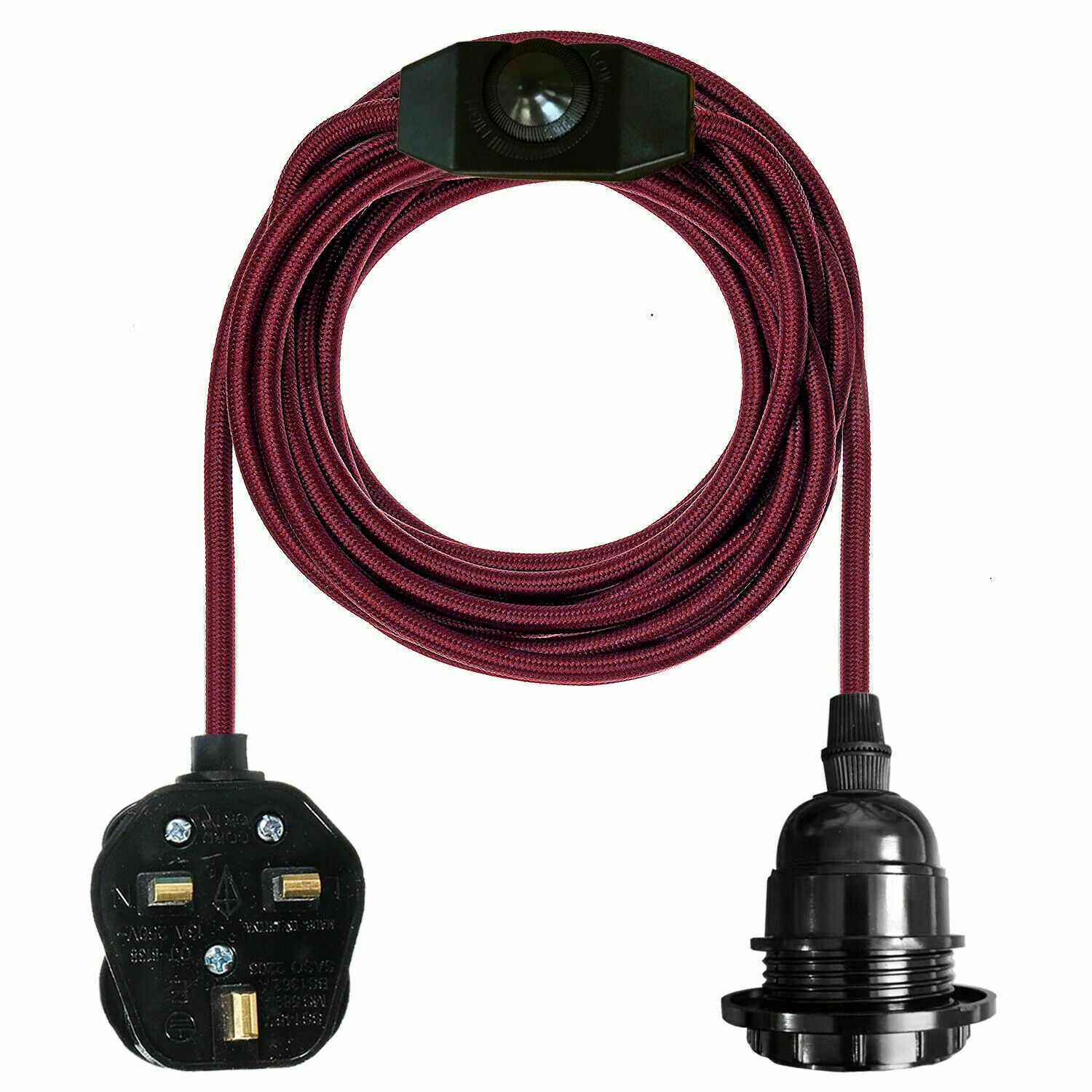 4m Fabric Flex Cable UK Burgundy Plug In Pendant Lamp Light Set with flexible fabric cable and dimmer switch.