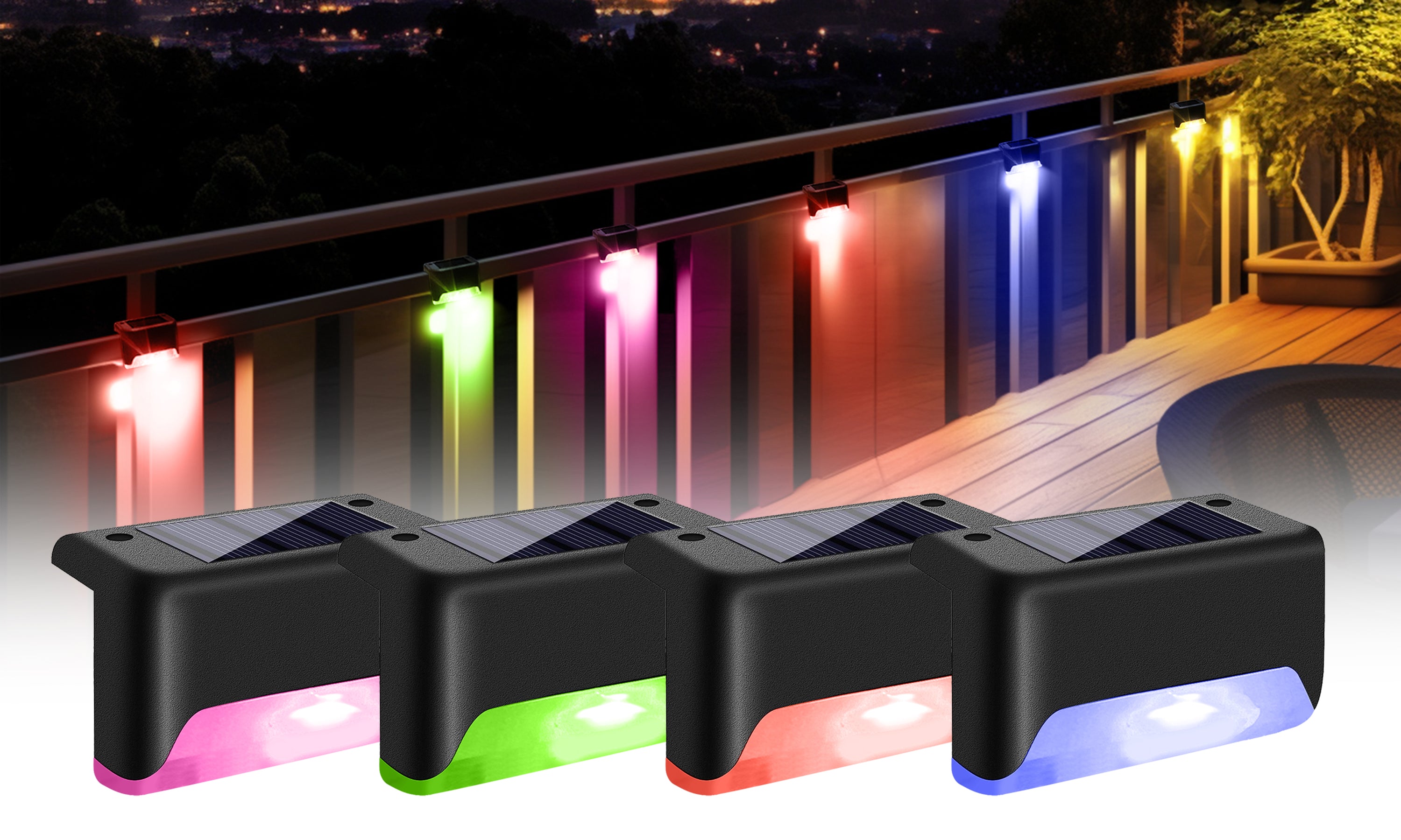 Four solar deck lights installed on a wooden patio, illuminating the pathway with a warm glow, showcasing their waterproof design.